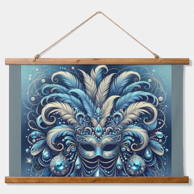 Blue Feather Masquerade Mask Illustration Hanging Tapestry (Front)