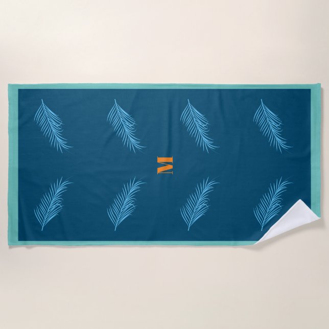 Blue Feather Pattern Monogram Personalised Summer Beach Towel (Front)