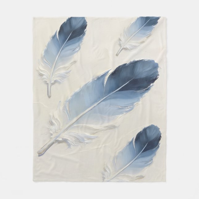 Blue Feather Soft Aesthetic Modern Coastal Fleece Blanket (Front)