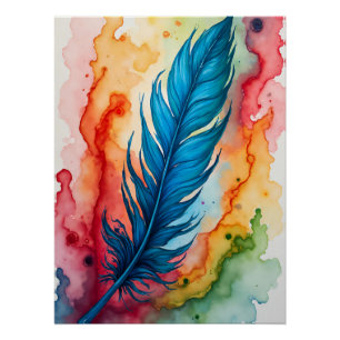 blue feather watercolor painting art poster