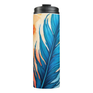blue feather watercolor painting art thermal tumbler