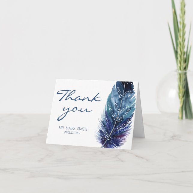 Blue Feather Wedding Thank You Note Cards (Front)