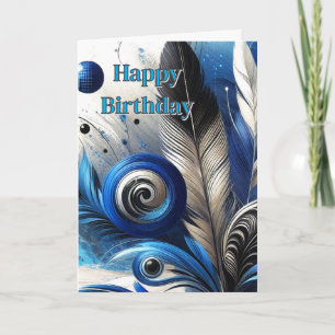 Blue Feathers Abstract AI Art Happy Birthday  Card