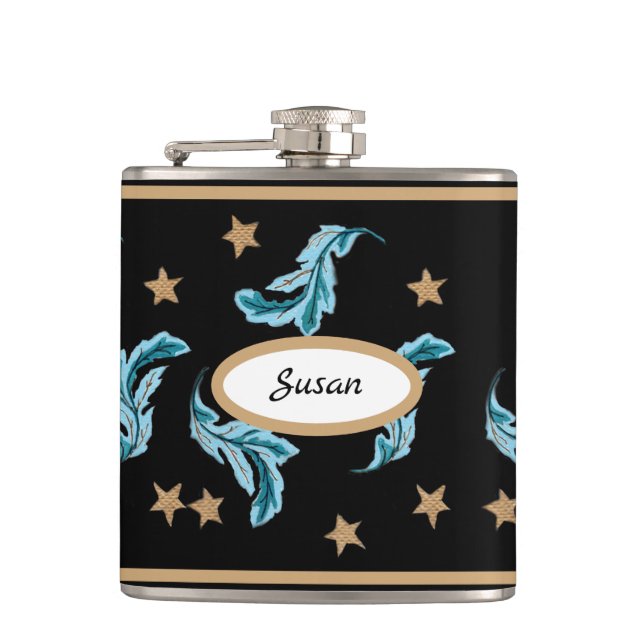 Blue Feathers and Gold Stars Boho Style on Black Hip Flask (Front)
