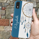 Blue Feathers Dreamcatcher Custom Name Boho iPhone XR Case<br><div class="desc">This boho style phone case features a blue and white vertical background and matching blue string dreamcatcher and feathers. Personalise the case in the text field with a name,  remove the text or click customise to select a typeface style,  size,  and colour you like.</div>