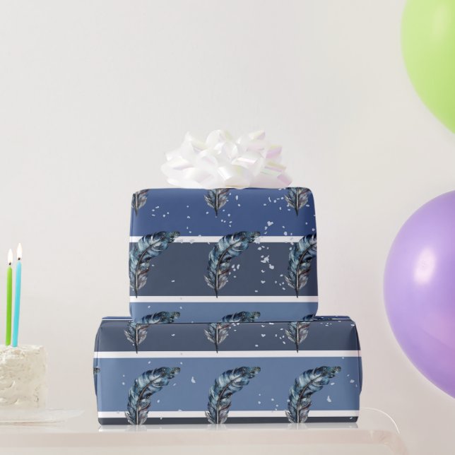 Blue Feathers On Blue and White Stripes Wrapping Paper (Party Gifts)