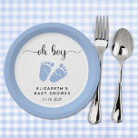 Blue Feet Baby Boy Shower Paper Plate<br><div class="desc">Cute paper plates for your baby boy shower featuring "oh boy" in a stylish script with swashes and a blue watercolor of baby feet. Underneath you can easily personalise with your name and shower date.</div>