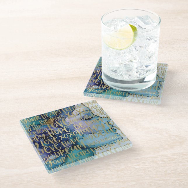 Blue Female Face Gold Inspirational Quotes Glass Coaster (Angled)