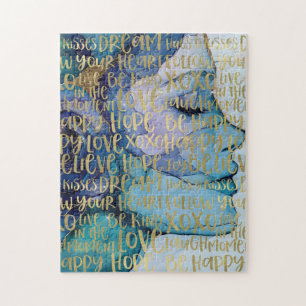 Blue Female Face Gold Inspirational Quotes Jigsaw Puzzle