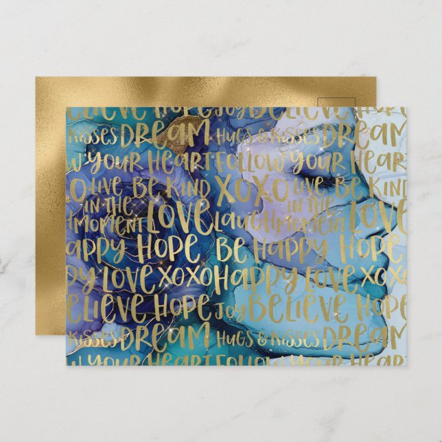 Blue Female Face Gold Inspirational Quotes Postcard (Front/Back)