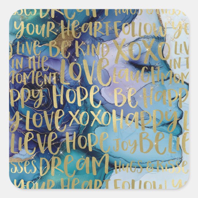 Blue Female Face Gold Inspirational Quotes Square Sticker (Front)