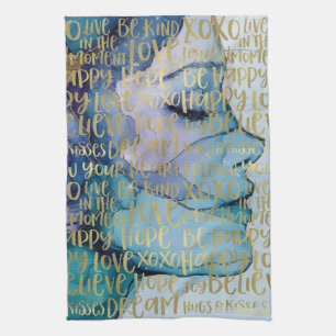 Blue Female Face Gold Inspirational Quotes Tea Towel
