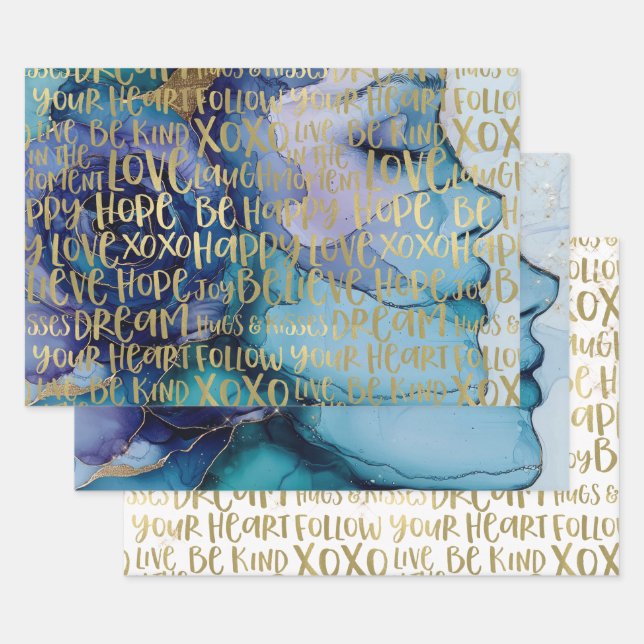 Blue Female Face Gold Inspirational Quotes Wrapping Paper Sheet (Set)