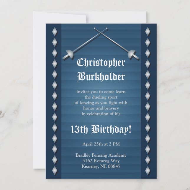 Blue Fencing Birthday Party Invitation (Front)