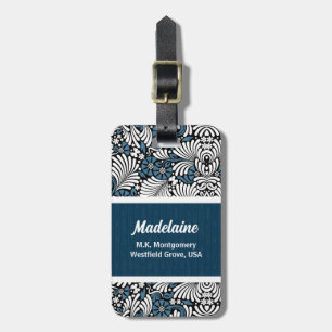 Blue Fern Leaf Print with White and Black Luggage Tag