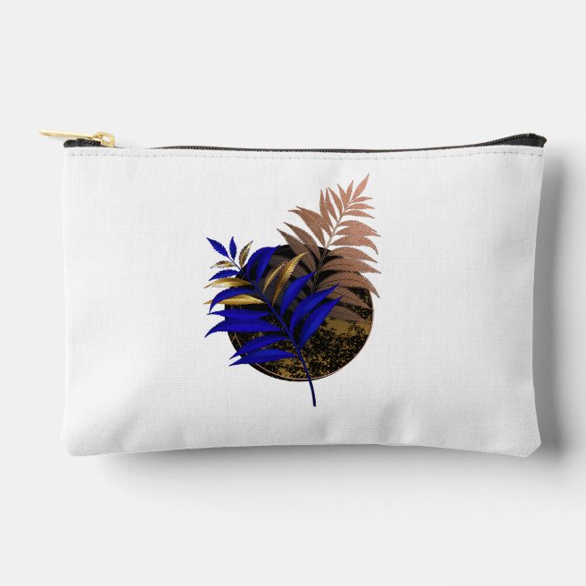Blue fern on black circle accessory pouch (Front)