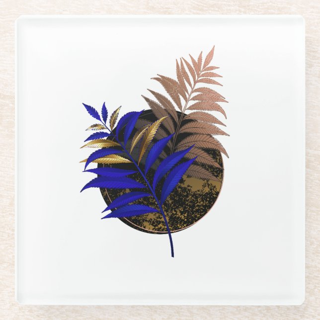 Blue fern on black circle glass coaster (Front)