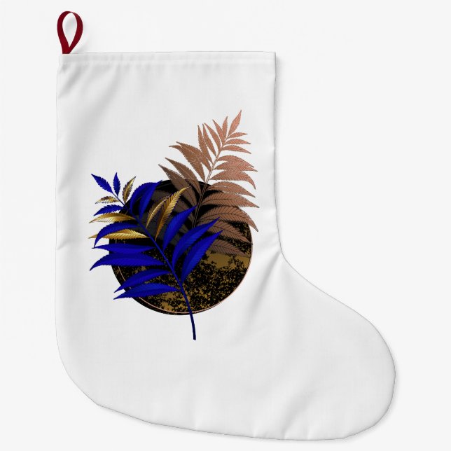 Blue fern on black circle large christmas stocking (Front)