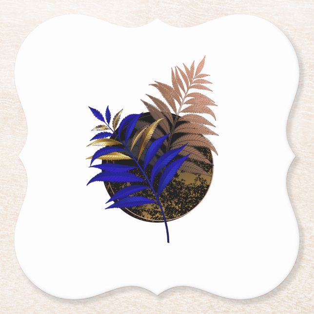 Blue fern on black circle paper coaster (Front)