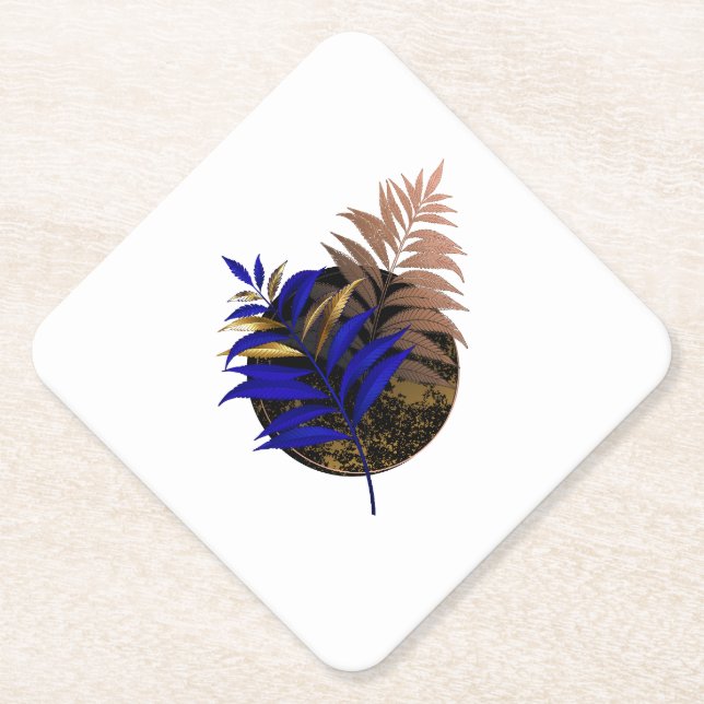 Blue fern on black circle paper coaster (Front)