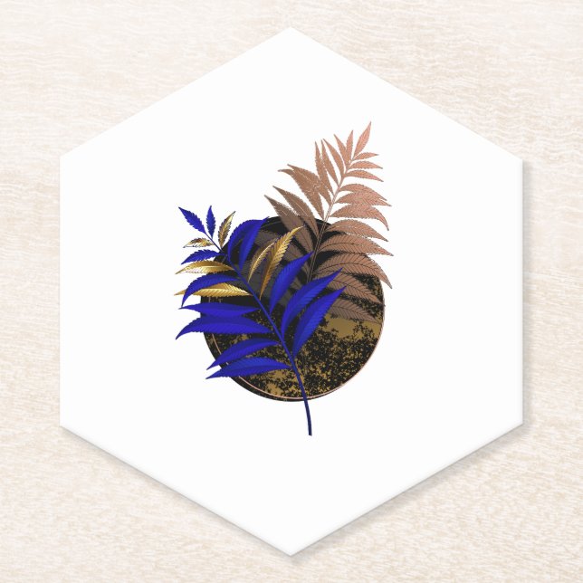 Blue fern on black circle paper coaster (Front)