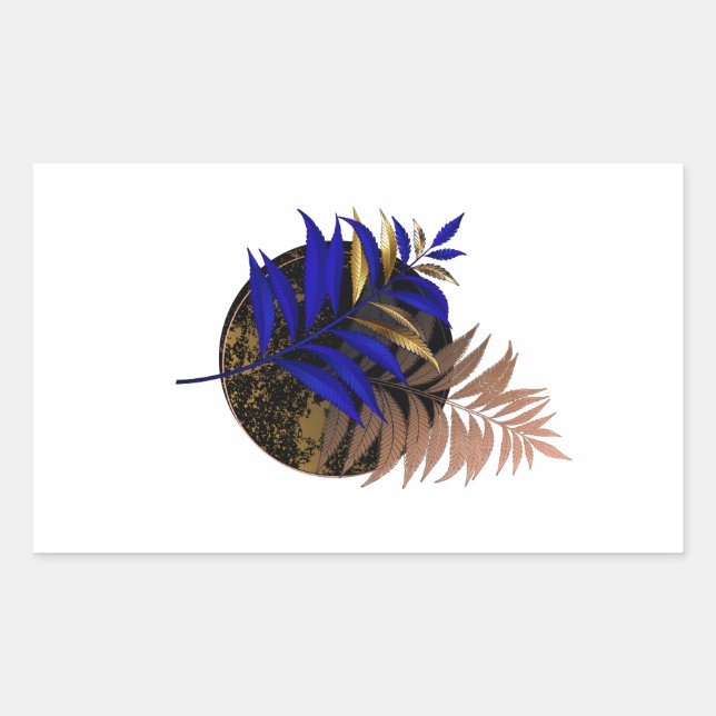 Blue fern on black circle rectangular sticker (Front)