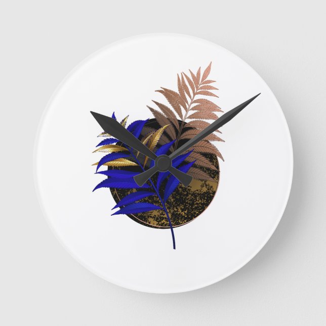 Blue fern on black circle round clock (Front)