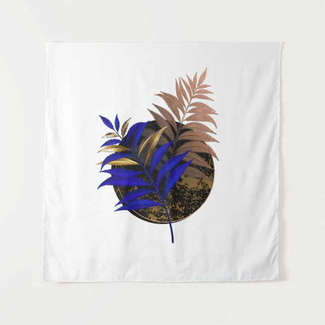 Blue fern on black circle tapestry (Front)