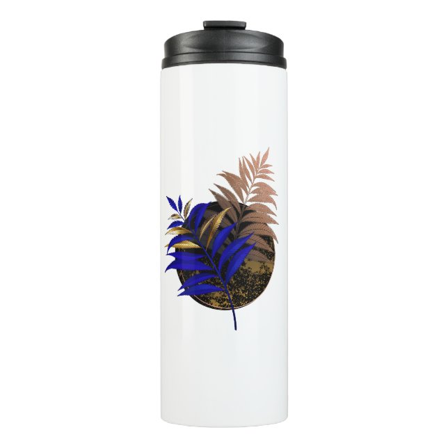 Blue fern on black circle thermal tumbler (Front)
