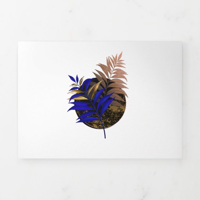 Blue fern on black circle Tri-Fold holiday card (Cover)