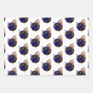 Blue fern on black circle wrapping paper sheet