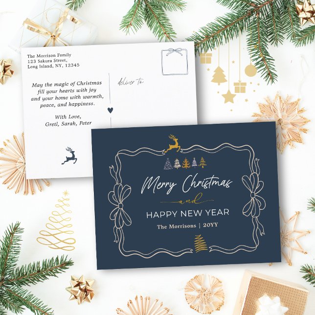 Blue: Festive Bow & Tree Doodles Holiday Postcard (Blue: Festive Bow & Tree Doodles Holiday Postcard)
