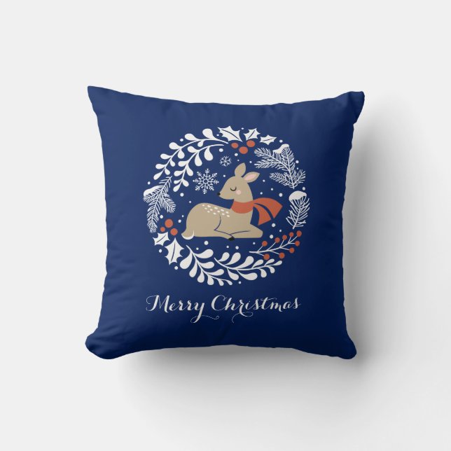 Blue Festive Christmas Reindeer Cushion (Front)