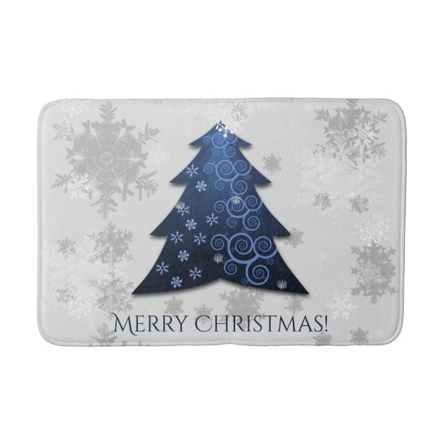 Blue Festive Christmas Tree Bath Mat (Front)