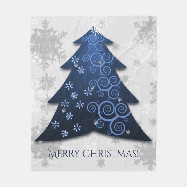 Blue Festive Christmas Tree Fleece Blanket (Front)