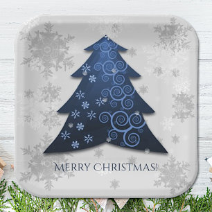 Blue Festive Christmas Tree Paper Plate
