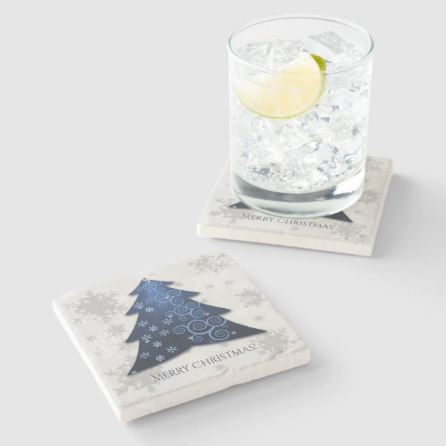 Blue Festive Christmas Tree Stone Coaster (Side)