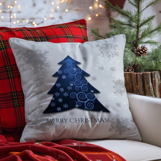 Blue Festive Christmas Tree Throw Pillow (Blue Festive Christmas Tree Throw Pillow)