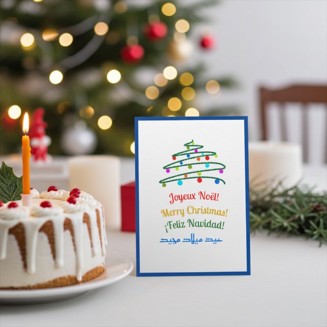 Blue Festive Multilingual Merry Christmas and Tree Holiday Card (Creator Uploaded)