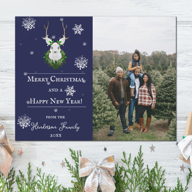 Blue Festive Reindeer Holiday Photo Card (Blue Festive Reindeer Holiday Photo Card)