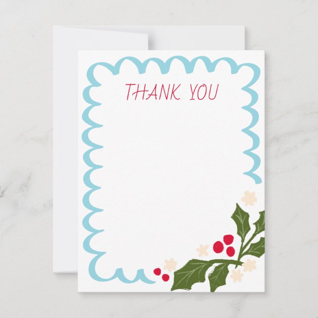 Blue Festive Scallop Frame with Holly Thank You Card (Front)
