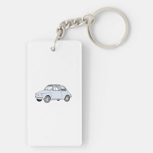 Blue Fiat 500 Topolino Pencil Drawing Acrylic Key Ring (Back)
