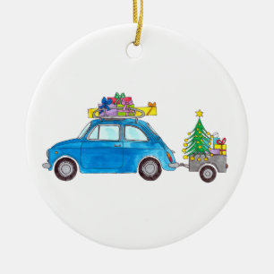 Blue Fiat 500 with Christmas Gifts Watercolor Ceramic Tree Decoration