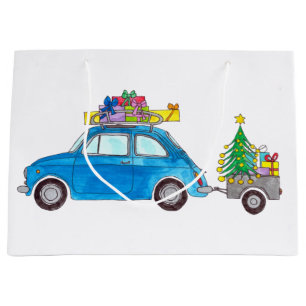 Blue Fiat 500 with Christmas Gifts Watercolor Large Gift Bag
