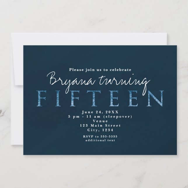 Blue Fifteen 15TH 15 Birthday Party Invitation (Front)