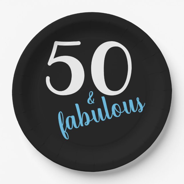 Blue Fifty and Fabulous Black Birthday Party Paper Plate (Front)