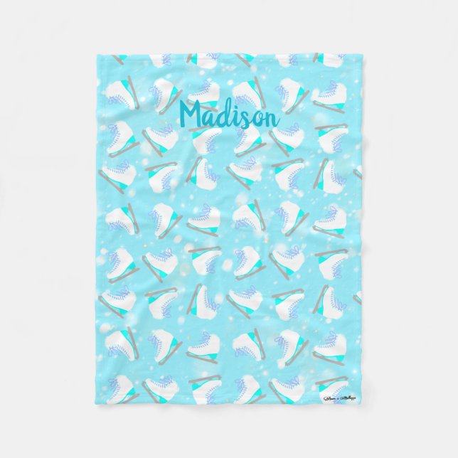 Blue Figure Skate Pattern Cute Kawaii Personalised Fleece Blanket (Front)