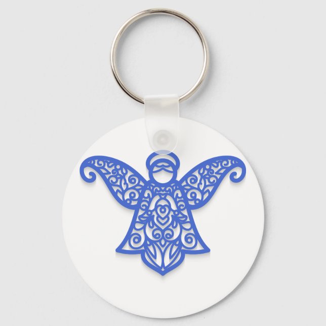 Blue Filigree Angel Silhouette Ornate Lace Key Ring (Front)