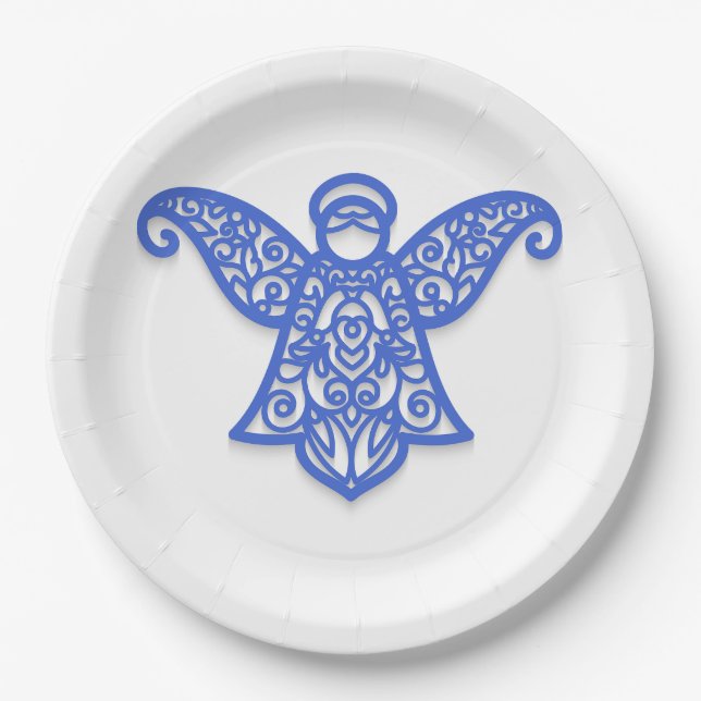 Blue Filigree Angel Silhouette Ornate Lace Paper Plate (Front)