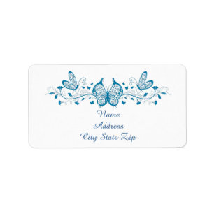 Blue filigree butterflies  and flowers label